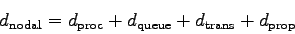 \begin{displaymath}
d_{\rm nodal} = d_{\rm proc} + d_{\rm queue} + d_{\rm trans} + d_{\rm prop}
\end{displaymath}