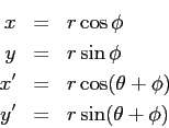 \begin{eqnarray*}
x & = & r \cos \phi \\
y & = & r \sin \phi \\
x' & = & r \cos (\theta + \phi) \\
y' & = & r \sin (\theta + \phi)
\end{eqnarray*}